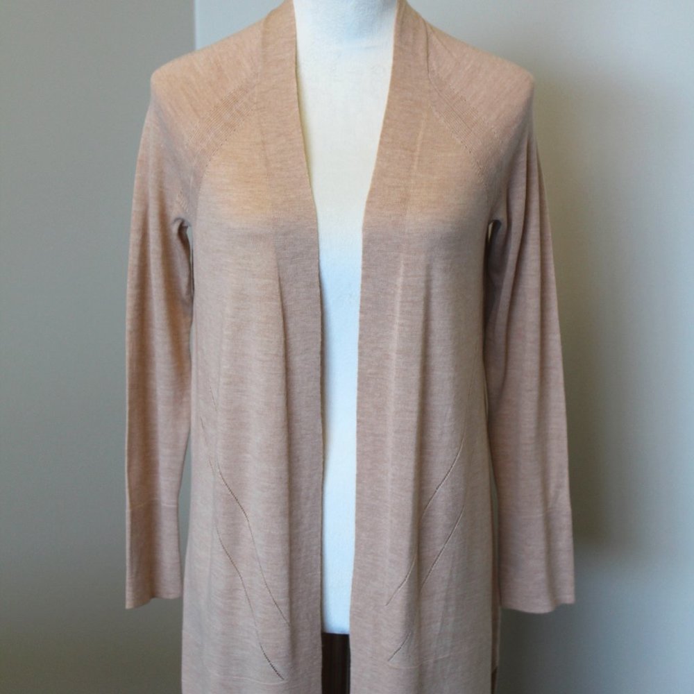 (NWT) Talbots Tan Open Front Cardigan Duster Longline Merino Wool, PS